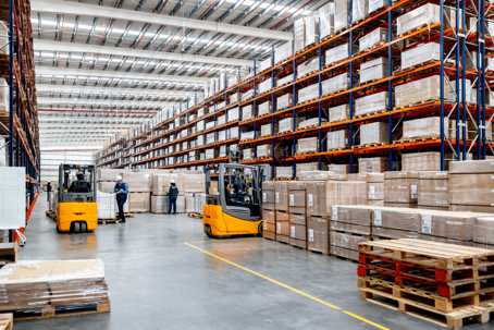 Group of Latin American employees working at an e-commerce warehouse and using forklifts to move the merchandise